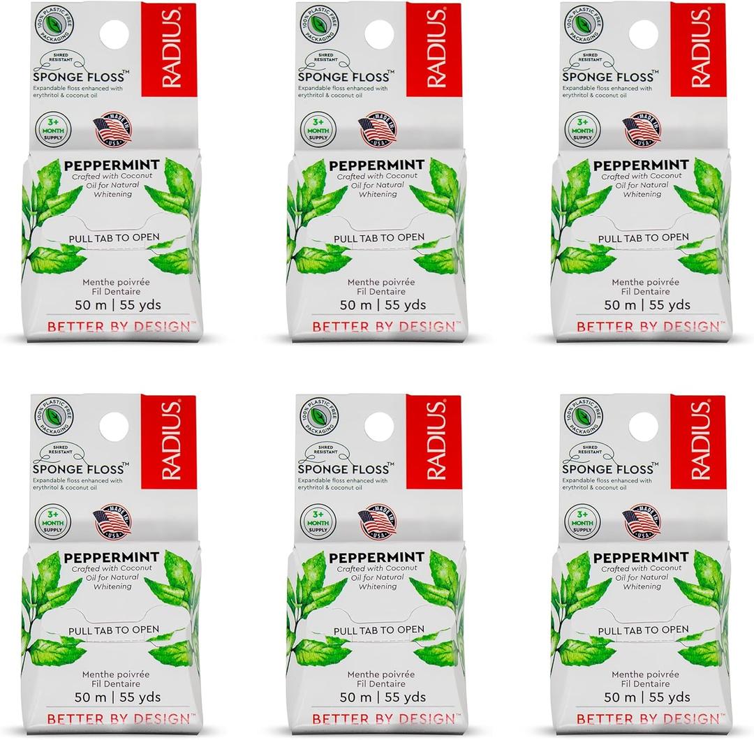 Radius Peppermint Dental Floss 55 Yards Vegan and Non-Toxic Oral Care Boost Total Tooth & Gum Protection Clear - Pack of 6