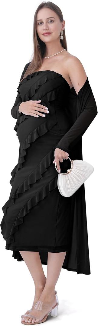 SUNNYBUY Elegant 2 Piece Maternity Dress with Mesh Cardigan, Strapless Ruffle Maxi Gown Cocktail Dresses for Baby Shower (L)