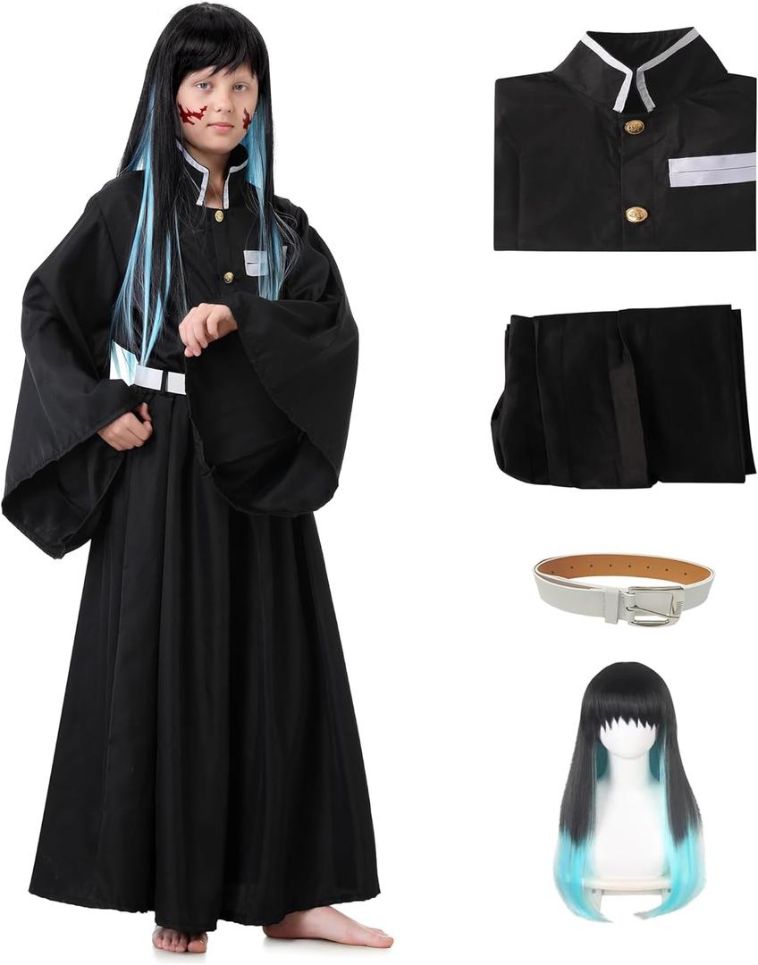 Muichirou Cosplay Costume Halloween Kimono Uniform Full Set Adult Dress up Outfits Costume with Wig (Kids 150)