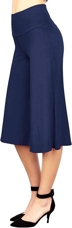 Made By Johnny Women's High Elastic Waistband Wide Leg Palazzo Culotte Gaucho Capri Pants (M, Blue)