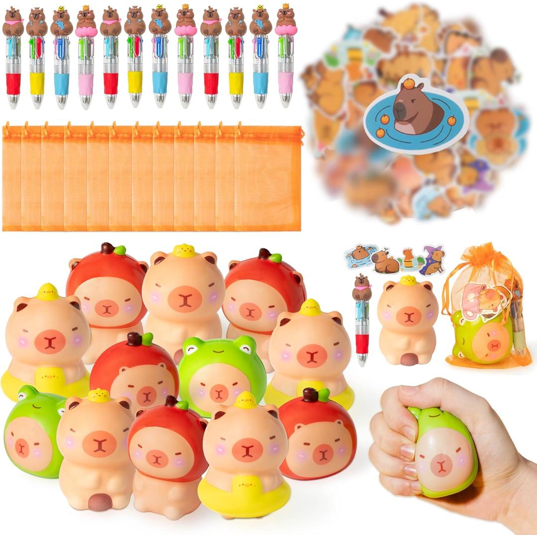 CY2SIDE 12 Pack Capybara Squeeze Toys Party Favor Gift Set, Included Random Slow Rising Squishy Toys 4-in-1 Ballpoint Pen Stickers and Organza Bag, Capybara Party Goodie Bag Fillers for Kids Rewards