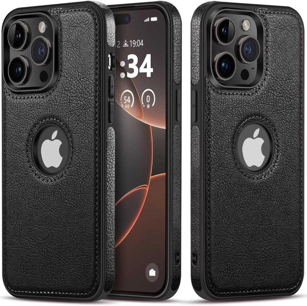 Unique Design Luxury Leather Business Phone Case for iPhone 15 Pro Anti-Slip Scratch Resistant Ultra Slim Protective Case (2023,6.1) (Black)