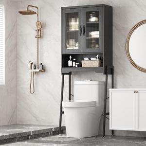 Over The Toilet Storage Cabinet with Tempered Glass Doors & Adjustable Shelf, Bathroom Organizer with Metal Stand Space Saver Over Toilet , Tall Freestanding Shelf/Rack for Bathroom, Black