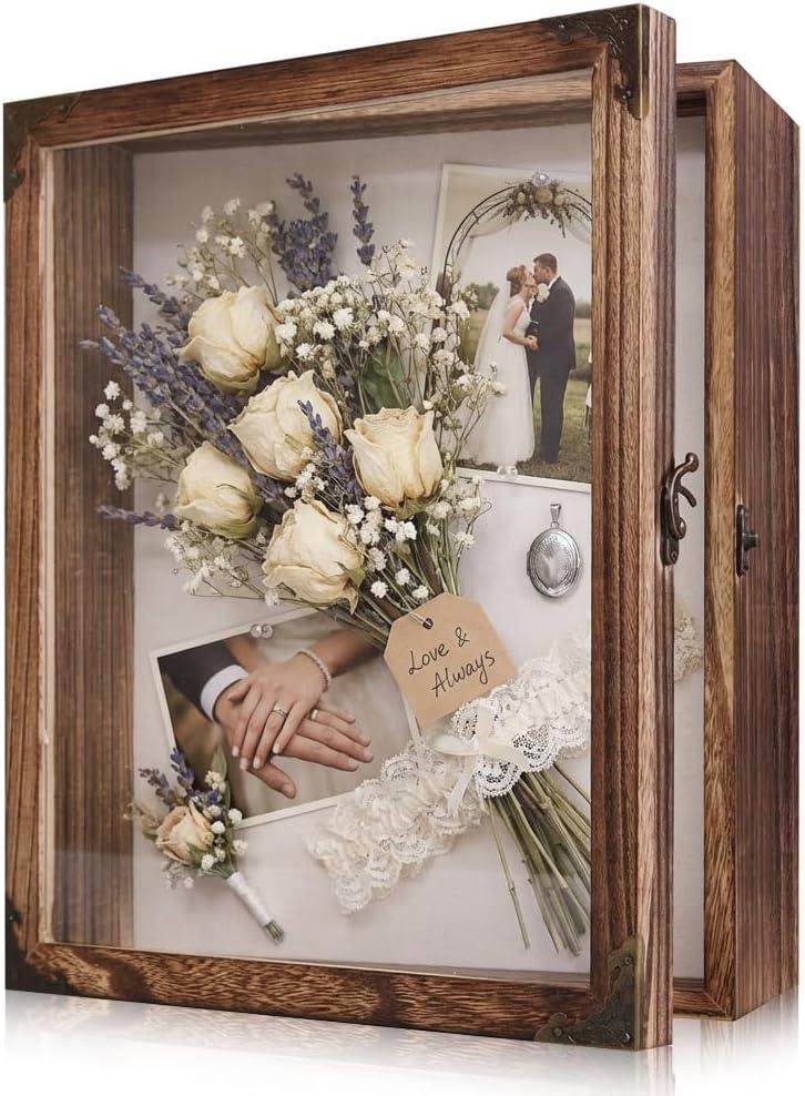 Shadow Box Frame 11x14 with Retro Metal Accents and Lock, Solid Wood Acrylic Door Display Case with Linen Back, 10 Stick Pins, and 2.7-Inch Depth for Photos, Medals, and Memorabilia (Medium)