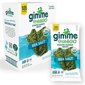 Gimme Seaweed Grab & Go Organic Premium Roasted Seaweed Snacks, Sea Salt, 18 Count Trayless, Keto, Vegan, Gluten-Free, Great Source of Omega3s and Iodine, Healthy On-The-Go Snack for Kids and Adults (EXP 03/20/27)