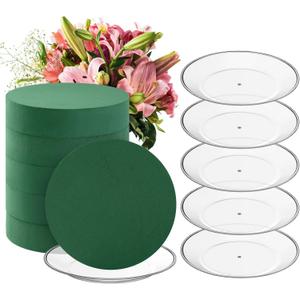 6 Sets Round Floral Foam and Clear Plastic Saucer Plant Drip Tray Floral Flower Dish Green Foam for Artificial Flowers Wedding Home Party Decoration (7.5 Inches)