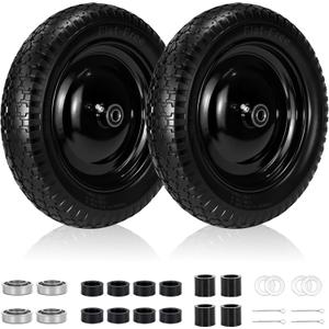 2 PCS, 4.80/4.00-8" Tire, 14.5" Flat Free Wheelbarrow Tire and Wheel with 5/8" & Extra 3/4" Bearings, Adjustable 3"-7" Centered Hub, Universal Fit 4.80/4.00-8, 4.00-6, 3.50/3.00-8 Wheelbarrow Wheels