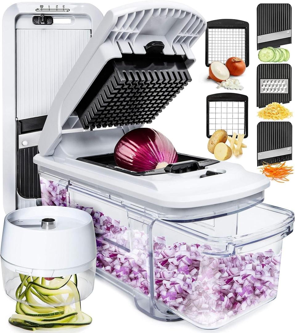Fullstar XL Vegetable Chopper & Mandoline Slicer  Vegetable, Onion, Potato, Food, Veggie & Fruit Slicer, Dicer & Spiralizer with Pull-Out Catch Tray, Kitchen Gadgets & Gifts (6 in 1, Black/White)
