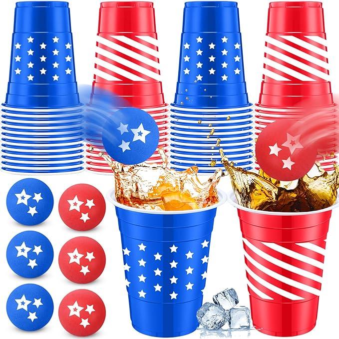 32 Pcs 4th of July Party Game Set Include 16oz Blue Red Plastic Cups with 8 Balls, Cups for Party Decor Juice Beverage Outdoor Toss Veterans Day Game Supplies