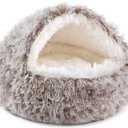 NOYAL Round Hooded Donut Dog Bed for Small & Medium Pets - Plush Fluffy Anti-Anxiety Cat Cave Bed with Cover (Large 27.5'', Gradual brown)