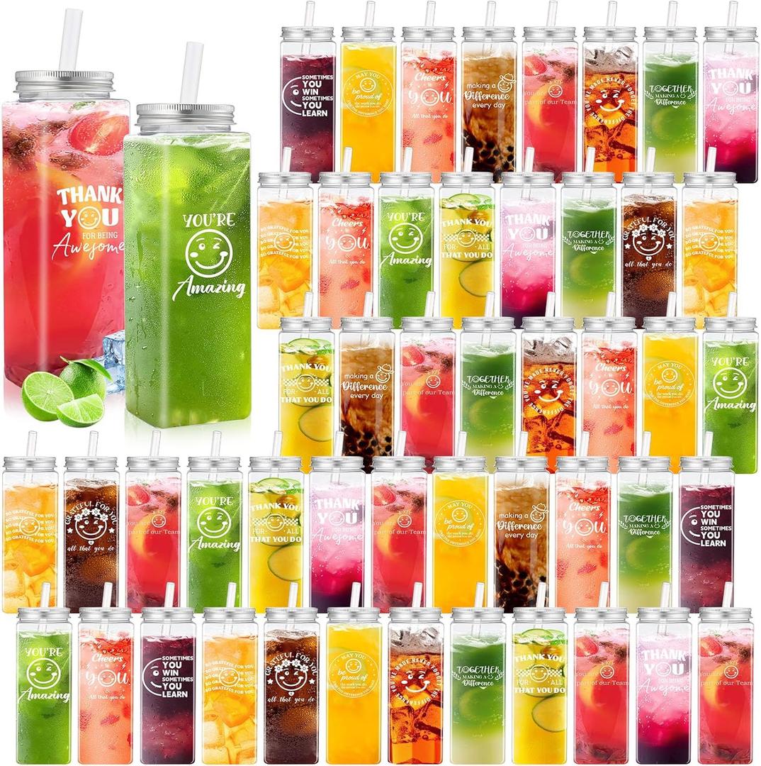 Maxdot 48 Pcs Thank You Cups Bulk 17 oz Employee Appreciation Gifts Plastic Cups Inspirational Gifts Reusable Acrylic Skinny Tumbler with Lid Straw for Staff Coworker Teacher Nurses (Smile Face)