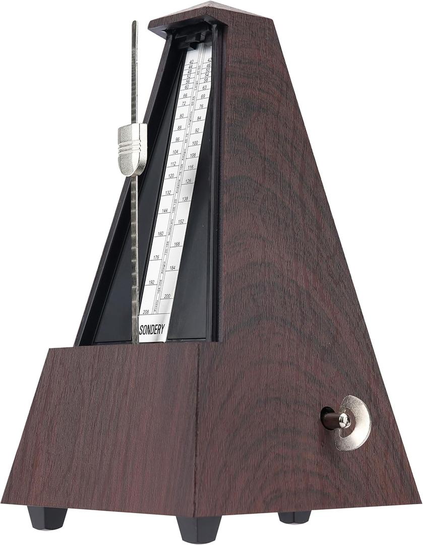 Sondery Classic Mechanical Metronome with Bell for Piano Guitar Drum Violin Saxophone All Instruments, Tempo Range 40-208bpm, Beats 02346, Black Wood Grain ABS Case with Comfortable Click Sound (brown)