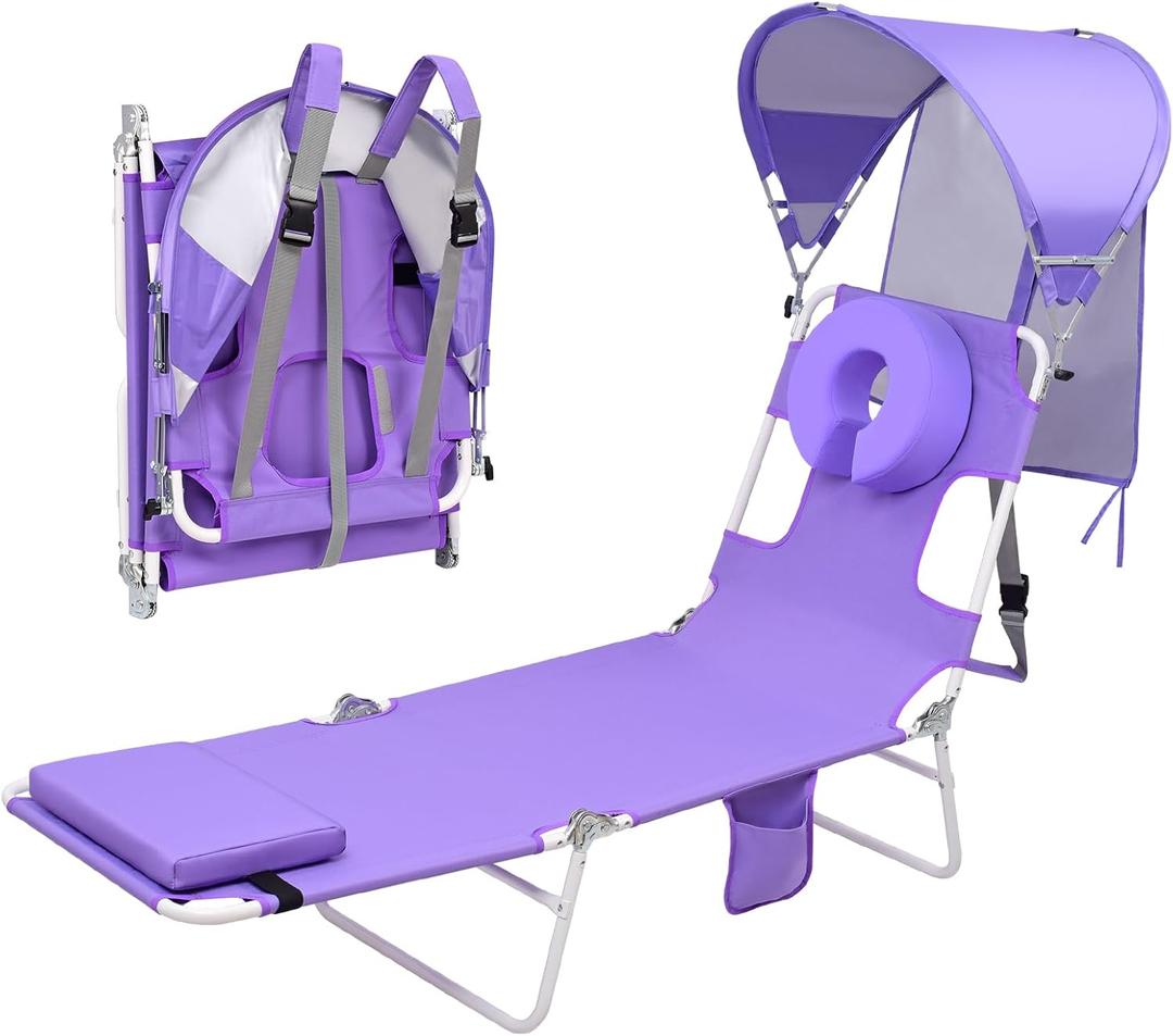 Backpack Beach Tanning Lounge Chair with Canopy Shade Face Hole Padded Adjustable Washable, 6 Position Layout Chair for Outside Sunbathing Poolside Lawn, UPF 50+ Wind-Resistant Sun Shade, Patented, Purple