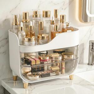 Makeup Organizer for Vanity with Large Smooth Drawers Extra Large Skincare Organizer for Bathroom Countertop and Dresser, Crystal Clear Cosmetic Storage Display Case for Beauty Products (White)
