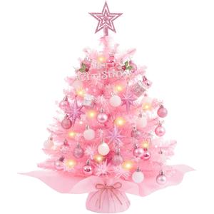XmasExp 20in Mini Christmas Tree with Lights Pink Small Christmas Tree Artificial Tabletop Xmas Decor Holiday Decoration for Home, Office, Party