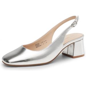 DREAM PAIRS Women's Low Chunky Heels Slingback Square Toe Block Dress Shoes Closed Toe Comfortable Wedding Work Pumps (8, Silver)