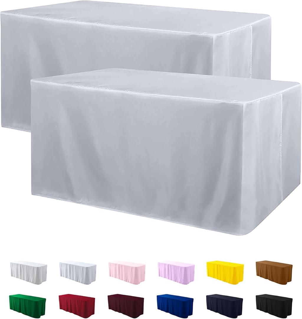 ManMengJi 2 Pack Sliver Tablecloth Fitted Table Clothes for 6 Foot Rectangle Tables - Water Resistant Washable Rectangle Table Covers for Wedding, Banquet and Trade Shows, 72L x 30W x 30H Inches