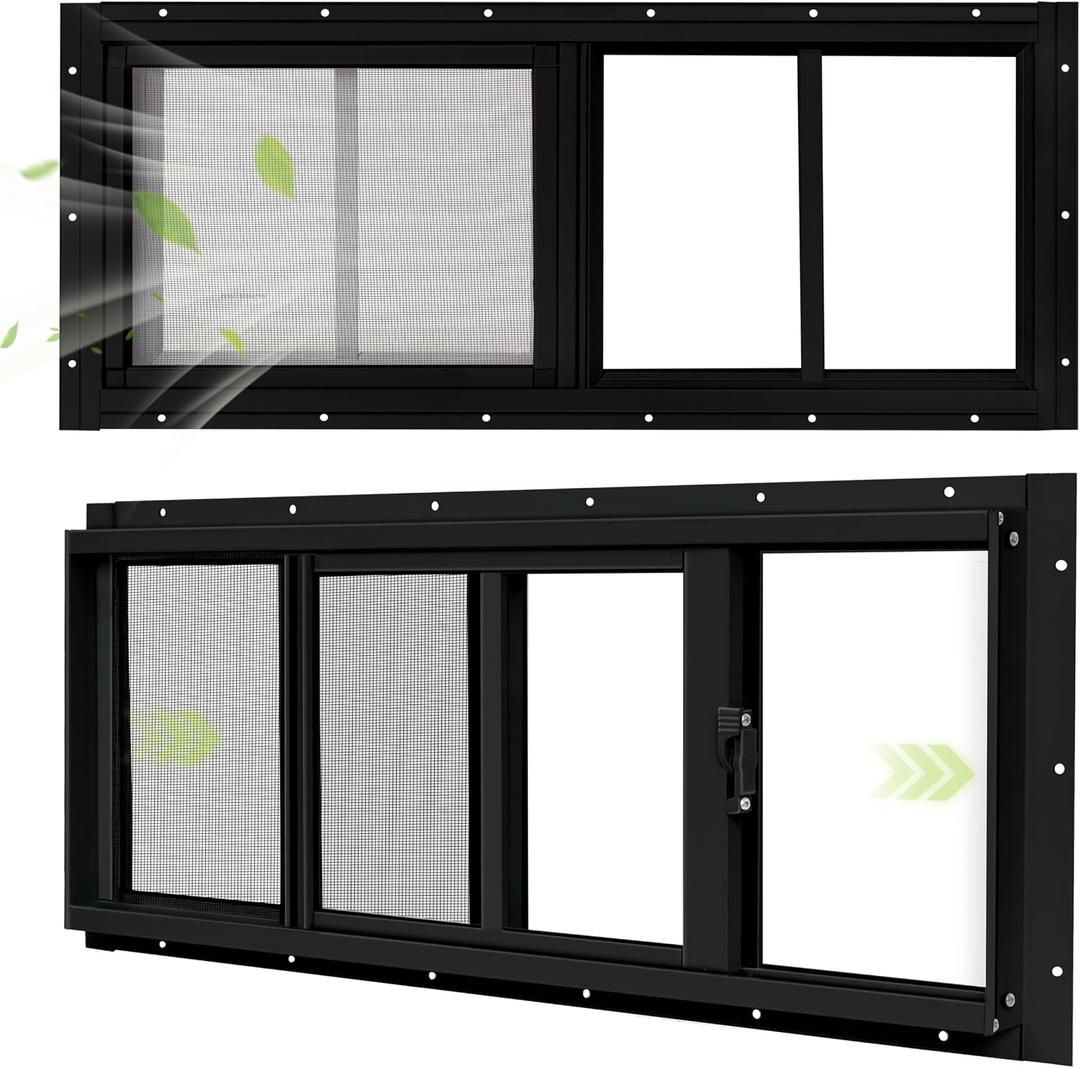 2 Pack Shed Windows, 10"x 23" Black Sliding Window Suitable for Chicken Coop, shed, Household, Barn - Transom Window with Tempered Glass and Fiberglass Screen (BK,10''x 23'')