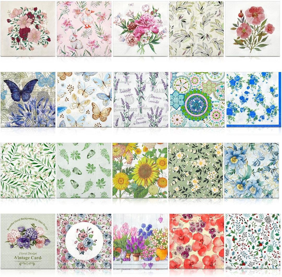Crtiin 20 Pack Decoupage Napkins Floral Napkins Flower Cocktail Paper Decorative Toilet for Valentine's Day Birthday Party Beautiful Gorgeous, 20 Styles Each 6.5 Inches(Style 7)