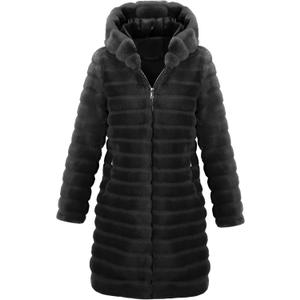 RISISSIDA Women Long Faux Fur Coat Hooded, Fuzzy Jacket Spring Fall Winter Warm Overcoat (XX-Large, Black-horizontal Texture)