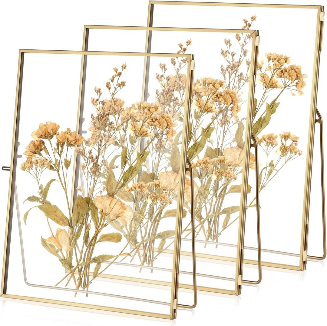 Vicenpal 3 Pack Glass Pressed Flower Frame Handmade, 6 x 8 Floating Picture Frames for Pressed Flowers, Brass Double Glass for Tabletop Display, Home Office Plant Specimen, Photos(Gold)