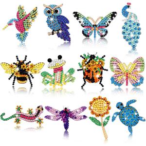 12 Pcs Women Brooch Bulk Set Rhinestone Animal Insect Crystal Pins Butterfly Dragonfly Hummingbird Owl Peacock Bee Brooch Pin DIY Diamond Painting Christmas Gifts Bulk for Party Favors Fashion