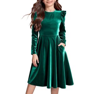 Seiciviy Girls Christmas Dress Velvet Fall Winter Party Dresses Ruffled Long Sleeve Casual with Pockets Princess Outfits (5-6 Years)