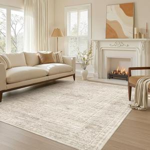 Nakagishi 6x9 Area Rugs Living Room: Washable Large Vintage Rug Neutral Non-Slip Soft Stain Resistant Indoor Carpet for Bedroom Nursery Dining Room Office Playroom - Beige Gray