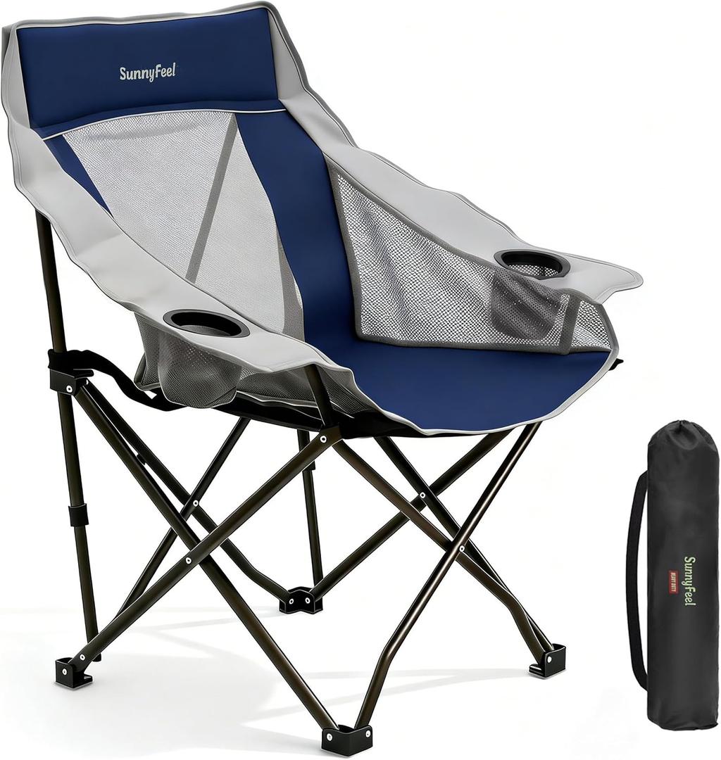 SUNNYFEEL Oversized Camping Chairs for Adults, Heavy Duty Portable Folding Chair with Carry Bag, Side Pockets & Cup Holder, Supports 300 lbs, for Tailgating Hiking Picnic Backyard Blue