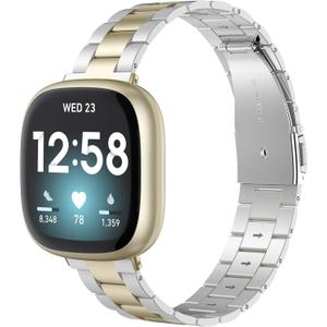 Wearlizer Compatible with Fitbit Versa 4/3 Bands/Fitbit Sense Bands for Women Men, Stainless Steel Ultra-Thin Lightweight Metal Replacement Strap for Versa 4/Sense (Soft Gold+Silver)