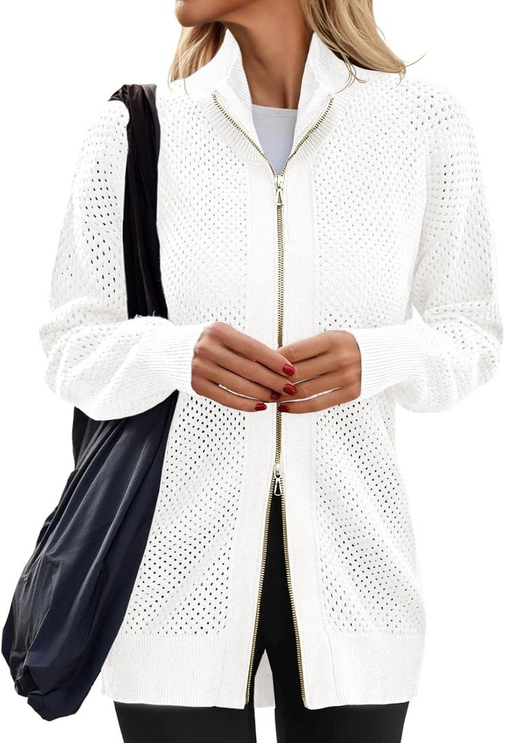 Women's Turtleneck Zip Up Cardigan Sweaters Oversized Drop Shoulder Long Sleeve Casual Solid Mesh Knit Jumper Tops (White, M)