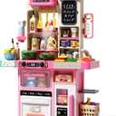 33.8IN Kids Kitchen Playset, 63 PCS Kid Play Kitchen with Realistic Lights & Sounds, Spray Sink Toy Kitchen Accessories, Pretend Food Toys Kitchen for Boys Girls Toddlers(Pink)