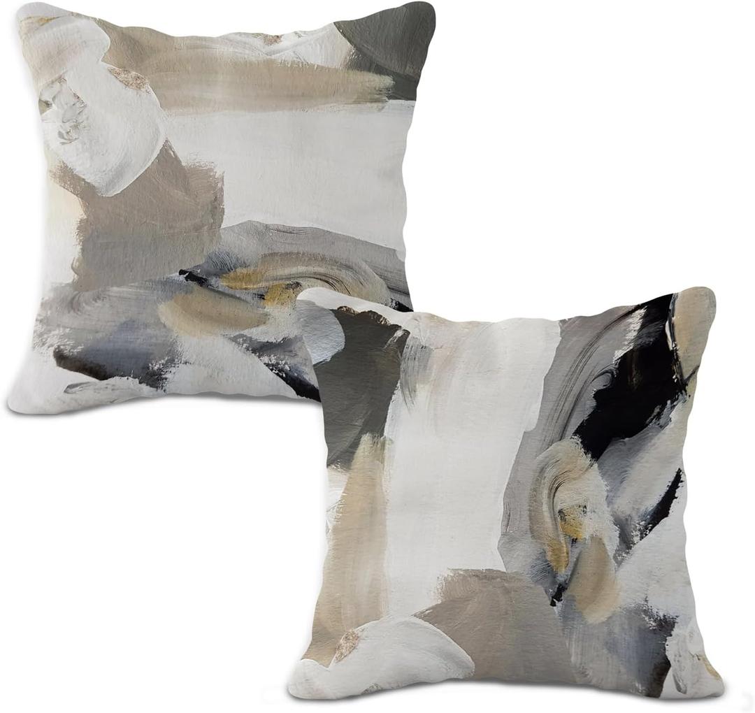Modern Abstract Throw Pillow Covers, 18x18 Set of 2 Grey and Beige