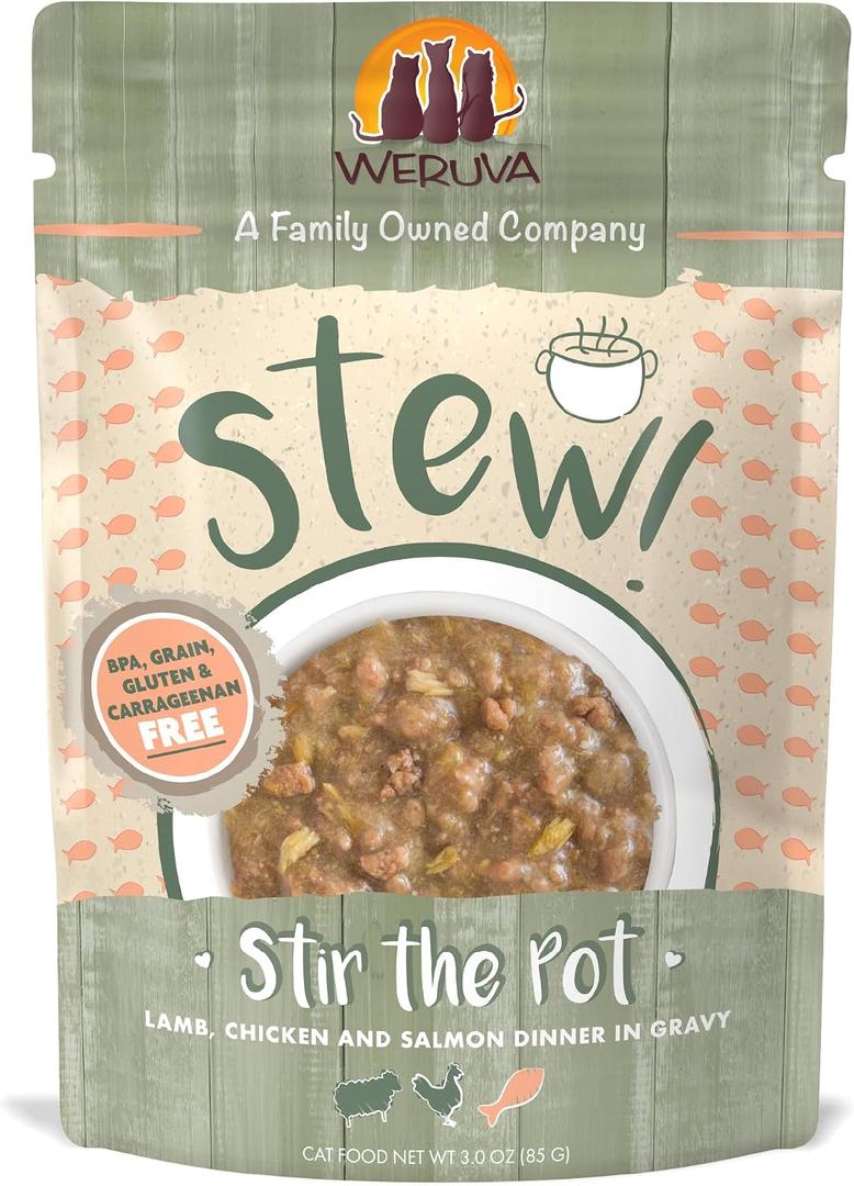 Weruva Classic Cat Stews!, Stir the Pot with Lamb, Chicken & Salmon in Gravy, 3oz Pouch (Pack of 12) (EXP 11/25/26)
