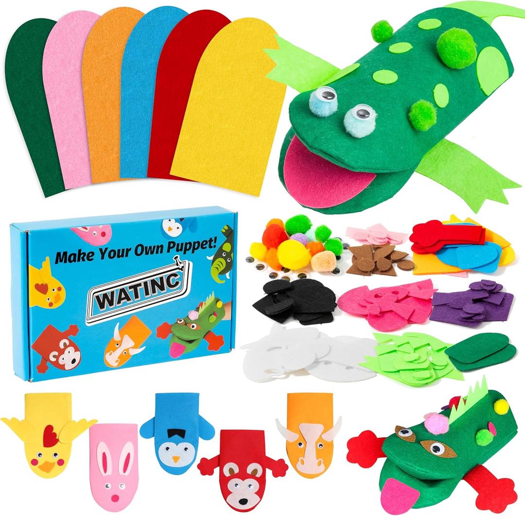 WATINC 6Pcs Hand Puppet Making Kit, Art Craft Felt Sock Puppet Toys, Creative DIY Make Your Own Pompoms Wiggle Googly Eyes Storytelling Role Play Party Supplies Gift for Girls Boys (Animals)