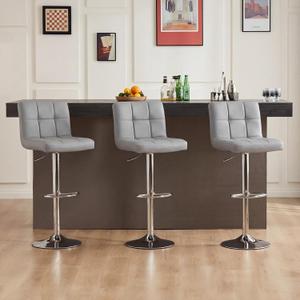 DUMOS Bar Stools Set of 2, 24 inch Counter Height Bar Chairs, Upholstered Modern Kitchen Barstools with Metal Base, PU Leather Saddle Stools for Kitchen Island, Grey