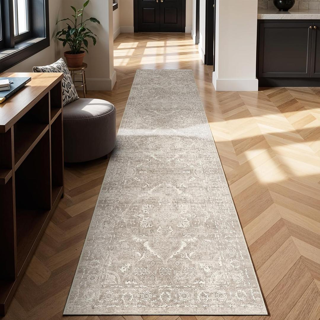 Washable 3x14 Runner Rug - Non-Slip Vintage Runner Rug for Entryway Low-Pile Medallion Long Rugs for Hallway Waterproof Traditional Runner Rugs Indoor Thin Rug for Kitchen (Beige)