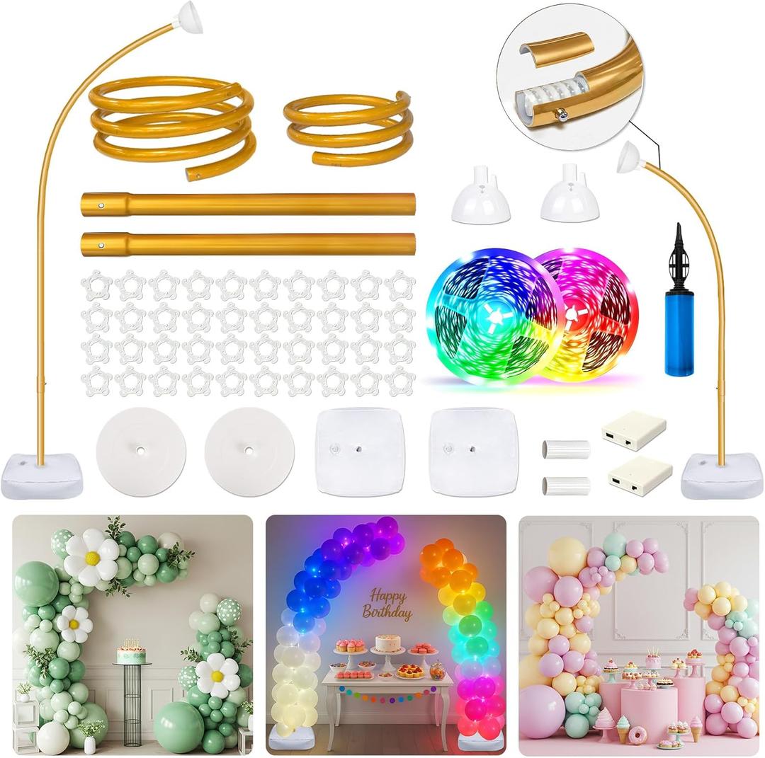 OurWarm Balloon Arch Kit with LED Lights, 9.35FT & 6FT Free Bending Half Balloon Arch Stand with Base, Gold Backdrop Stand for Wedding Birthday Party Baby Shower Yard Lawn Graduation Decorations