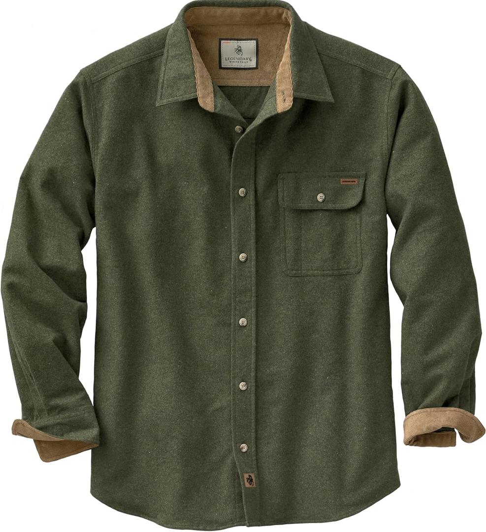 Legendary Whitetails Men's Buck Camp Flannel, Long Sleeve Plaid Button Down Casual Shirt, Corduroy Cuffs (Size Large, Army)