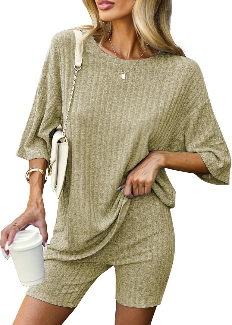 Ekouaer Pajamas 2 Piece Lounge Sets Ribbed Knit Matching Outfits T-shirt Biker Shorts Sleepwear Loungewear Sweatsuits (Green, S)