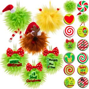 Syhood 48 Pcs Whimsical Lime Green Furry Christmas Ball Tree Ornaments Decoration Set with Faux Fur Christmas Balls Wooden Hanging Sign for Bendable Xmas Tree Holiday Party Home Decor,1.57 Inch