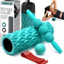 5 in 1 Foam Roller Set - Trigger Point Foam Back Roller, Muscle Roller Stick, Massage Ball, Stretching Band for Deep Muscle Massage Pilates Yoga,Fitness Exercise for Whole Body Release (Blue-green)