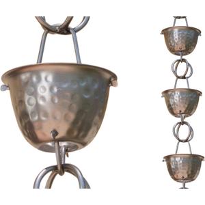 Monarch Rain Chains Aluminum Hammered Cup Rain Chain, 8.5 ft Pewter Powder Coated Aluminum Decorative Rain Catcher Chain for Gutters, Pewter Aluminum Rain Gutter Replacement Downspout