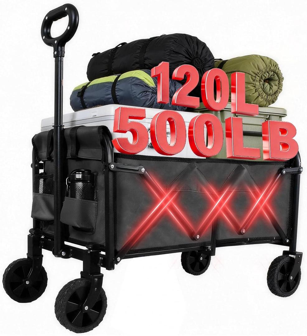 Foldable Wagon Cart, Collapsible Utility Wagon with All Terrain Wheels, Portable Folding Cart for Camping Garden Shopping Grocery Sports (Black, Medium Without Tailgate)