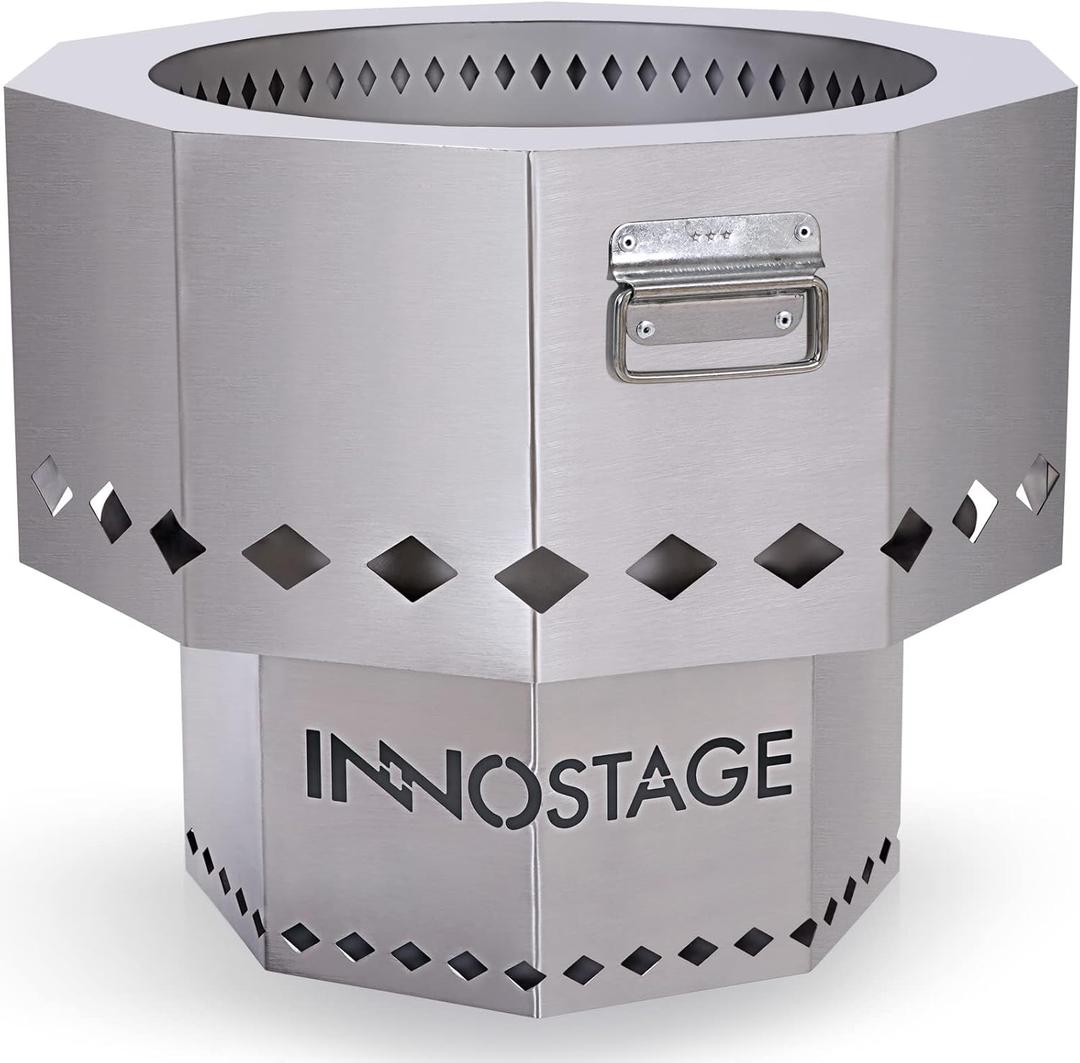 INNO STAGE Stainless Fire Pit with Portable Carrying Storage Bag, Patented Smoke- Firepit Bowl for Wood Pellet with Stand for Outdoor Campfire Flame or Bonfire BBQ on Patio Garden Backyard - M , Silver