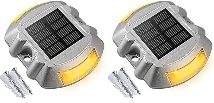 Solar Deck Lights Driveway Dock Lights, 2-Pack Led IP68 Waterproof Outdoor Warning Step Light for Driveway Sidewalk Garden Pathway Yard(Warm White)