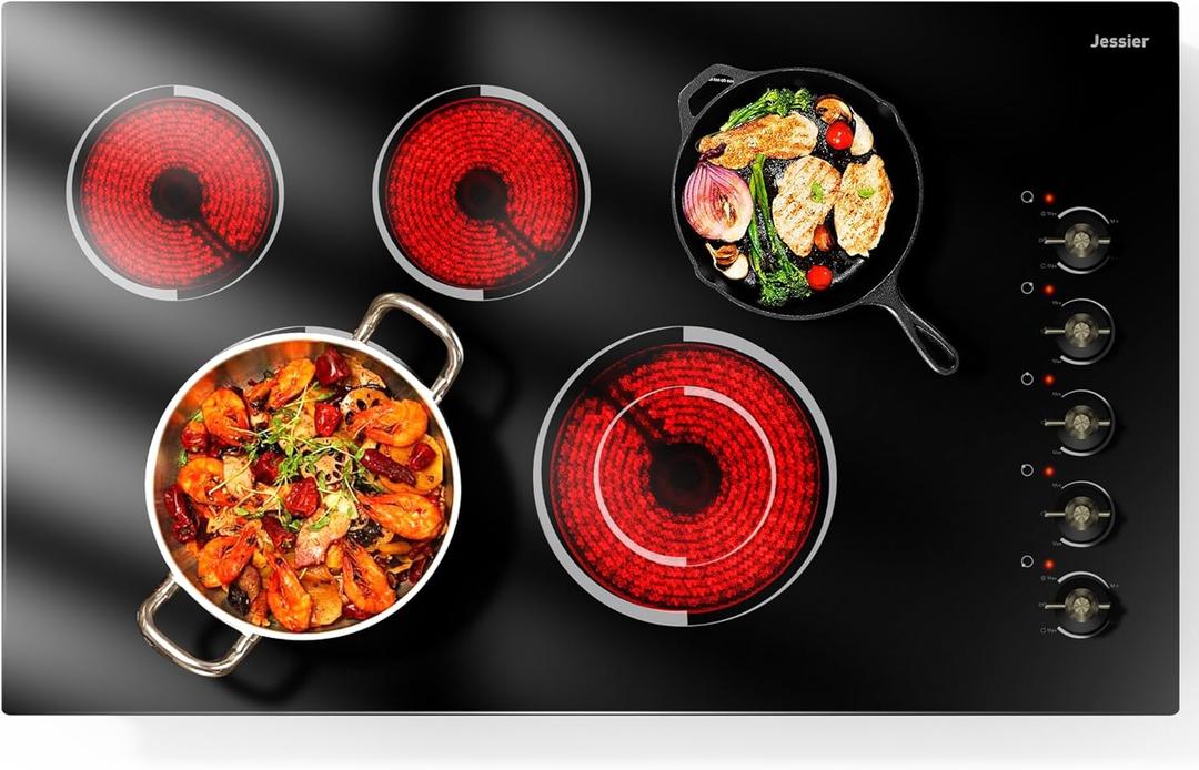 Electric Cooktop 36 Inch - Drop-in(34.25"x19.3") 5 Burner Electric Stove Top 8400W High Power, 36" Ceramic Cooktop Stove with Knob Touch, Dual Ring, Overheat Protection, 220-240V Hard Wired