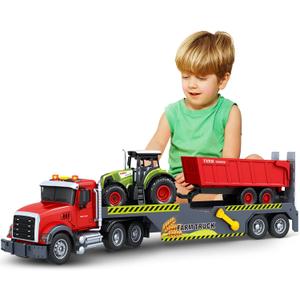 Bstoyder Toddler Boy Toys for 3 4 5 6 7 Years Kids, 21" Semi Flatbed Truck Toy with a Farm Truck, Friction Powered Vehicles Toys with Lights and Sounds, Birthday for Boy Girls