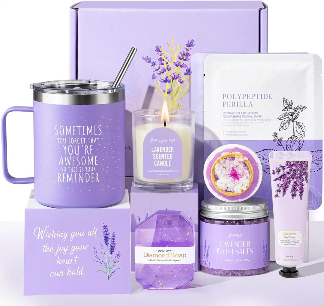 Mothers Day Gifts for Mom, 9pcs Happy Birthday Gifts for Women, Unique Birthday Relaxation Spa Gift Christmas Ideas Relaxing Lavender Set Self Care Gift Basket for Her Mom Sister Friend Teacher (Purple)