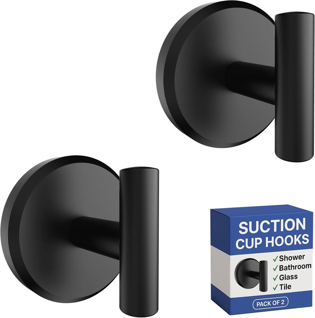 HOME SO Suction Cup Hooks T Shape (2 or 4 Pack) (Matte Black, 2, Count)